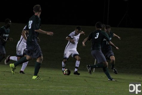 Chase Jabbori (3) scored Oakland's first goal in the 31st minute of the game against Green Bay Saturday night at the Oakland soccer field. Oakland is now 2-0 in league play, same as Cleveland State. 