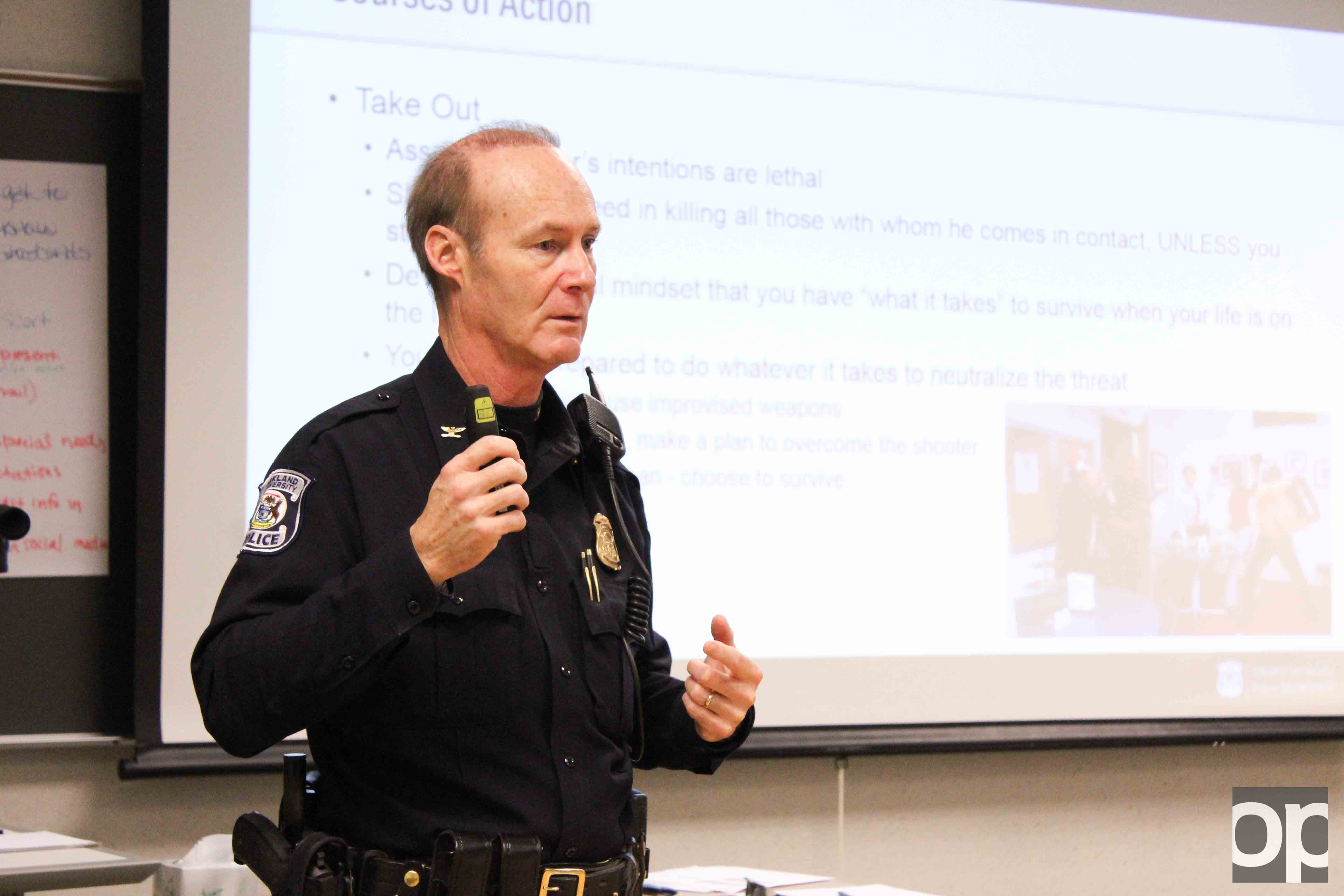 Oakland University Police Department Chief of Police Mark Gordon spoke to professors about safety procedures during an active shooter situation.