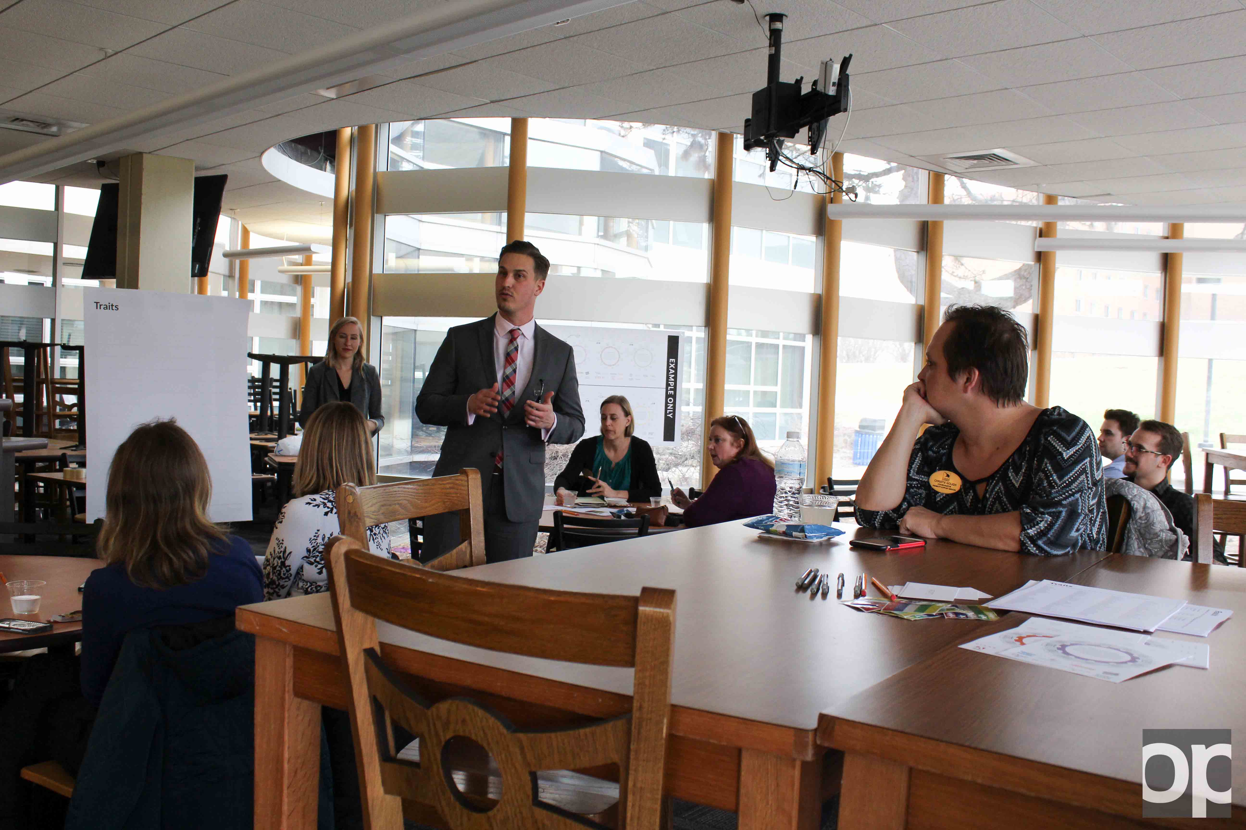 Tyler Borders (center, standing), co-founder of Dartlet, a brand strategist firm, helps lead a series of workshops to find and develop OU's identity.