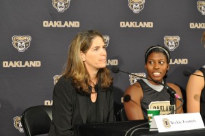 Head coach Beckie Francis (left) speaks to the media alongside junior guard Sharise Calhoun (right) on Oct. 21, 2010.