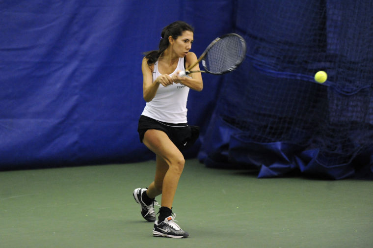 Oakland sophomore Juliana Guevara competes during Sundays match versus Cleveland State. Guevara earned her third Horizon League win in singles with a victory at No. 6 singles.