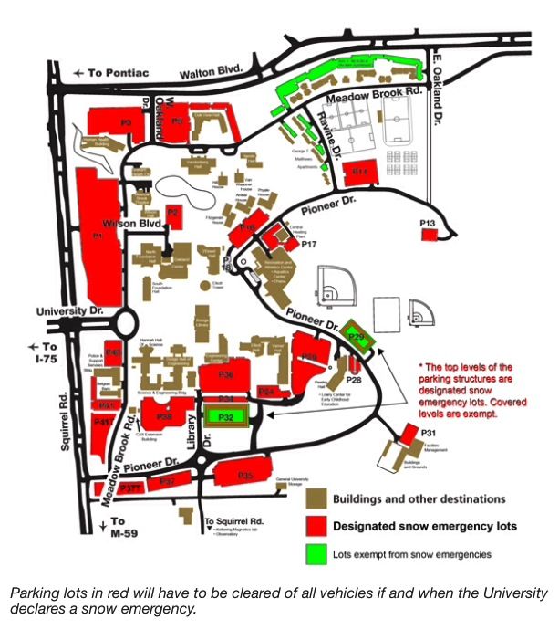 During a snow emergency, the lots marked in red must be cleared of cars between 10 p.m. and 6 a.m. Those failing to comply will face impoundment. 