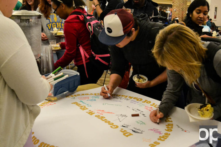 Students were able to sign President Hynd's congratulatory poster for becoming OU's sixth president. 