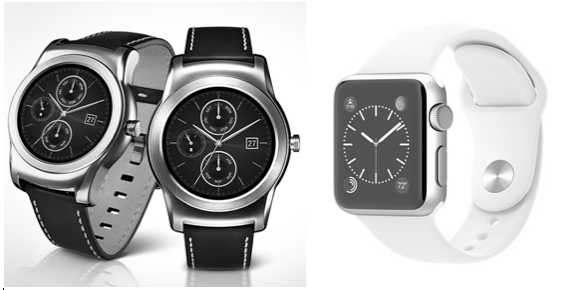 The LG Watch Urbane, left, will be Android Wear’s most expensive at roughly $460. The Apple Watch sports edition, right, will be the cheapest at $349.