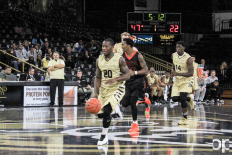 Oakland Universitys point guard Kahlil Felder (20) dribbles down the court in the first half of the game.