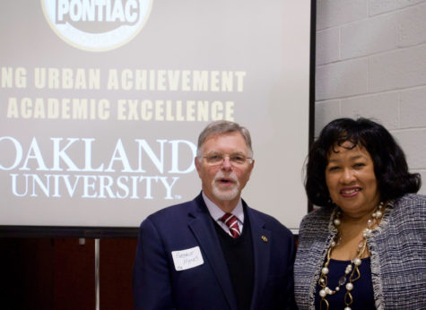 (L-R) Oakland University President George Hynd and Mayor of Pontiac Deidre Waterman were the most notable attendees at the town hall meeting.