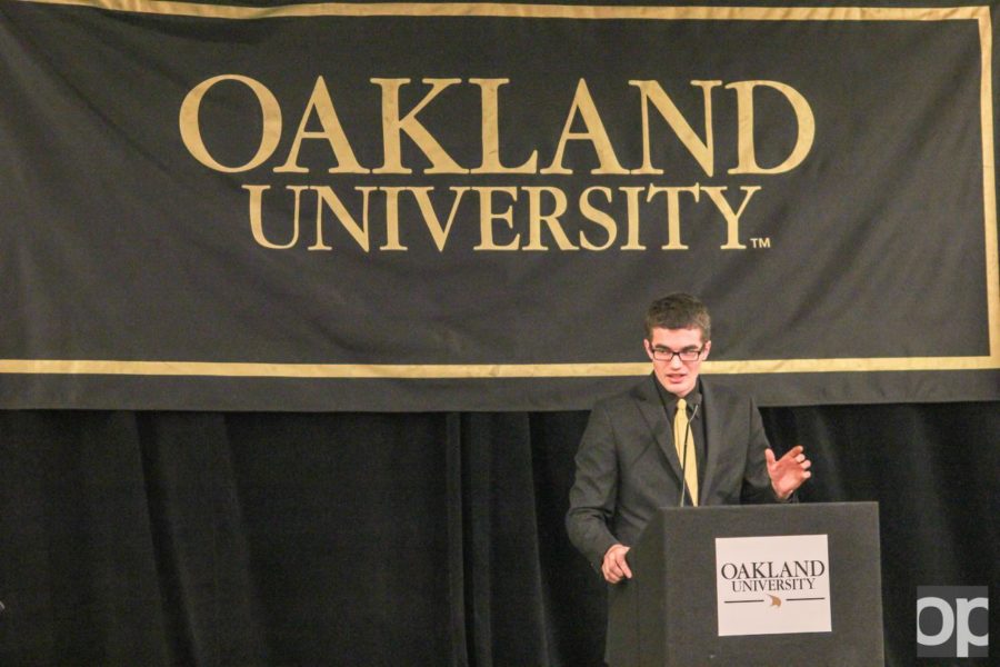 OUSC president Nick Walter speaks at the "State of the University" event.