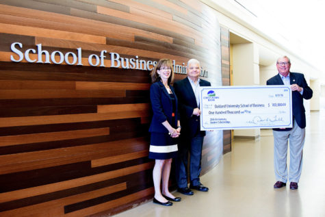 From left: Angie Schmucker, vice president for Development and Alumni Relations; Michael Mazzeo, dean of the School of Business Administration; and David Tull, founder and CEO of Crestmark Bank.