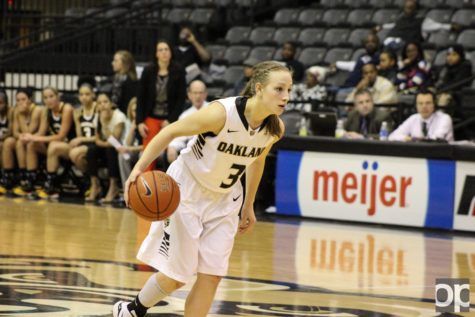 Recent Oakland women's basketball alumna Elena Popkey still wears the same jersey number (3) when she plays for the Elangeni Falcons in Germany as she wore as a Golden Grizzly.