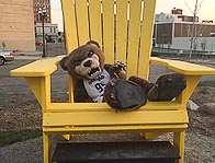 The Grizz sits in the big yellow chair which is a new feature of a pocket park in Pontiac.