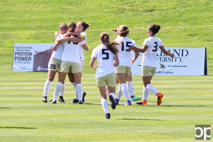 Cecilie Dokka celebrates scoring a goal with her teammates. Oakland defeated Chicago State 5-0 at home Sunday afternoon. 