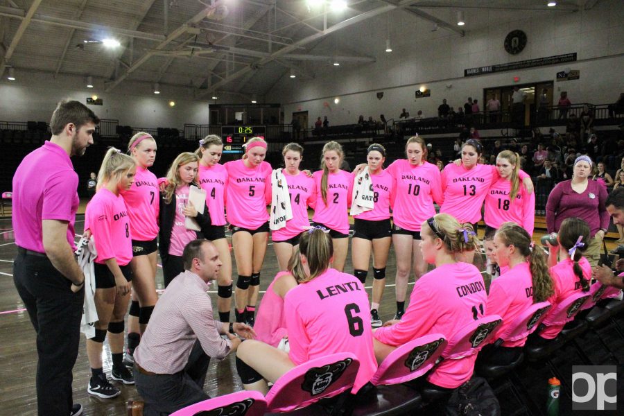 Oakland volleyball team wore pink jerseys Wednesday night to raise awareness for breast cancer. 