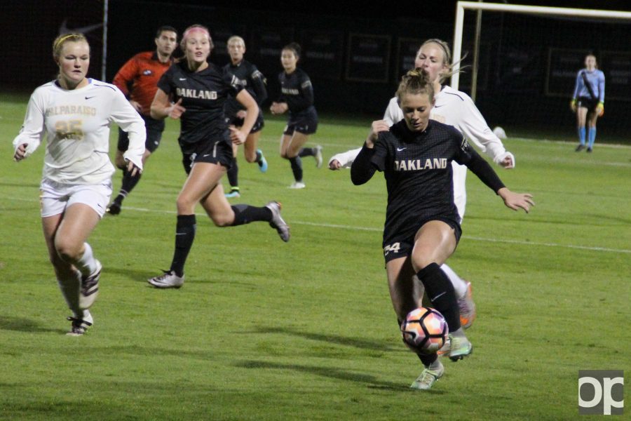 Oakland women’s soccer scored three goals in the second half in the Horizon League championship quarterfinals against Valparaiso and 
