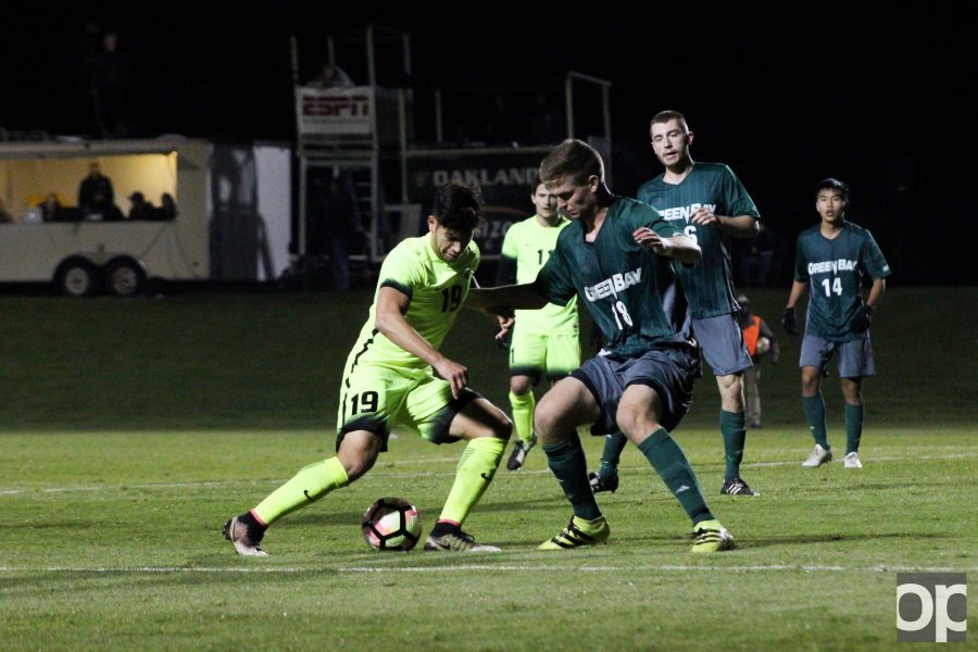 Austin Ricci scored the lone goal assisted by AJ Shaw leading the Golden Grizzlies to the Horizon League Semifinals Monday night at the Oakland soccer field.  