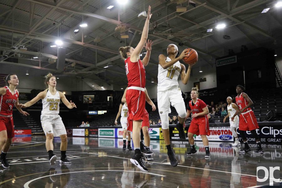 Oakland lost to Ball State 66-59 on Sunday, Dec. 11 at the Orena. Leah Somerfield (23) scored 22 points to lead the team. 
