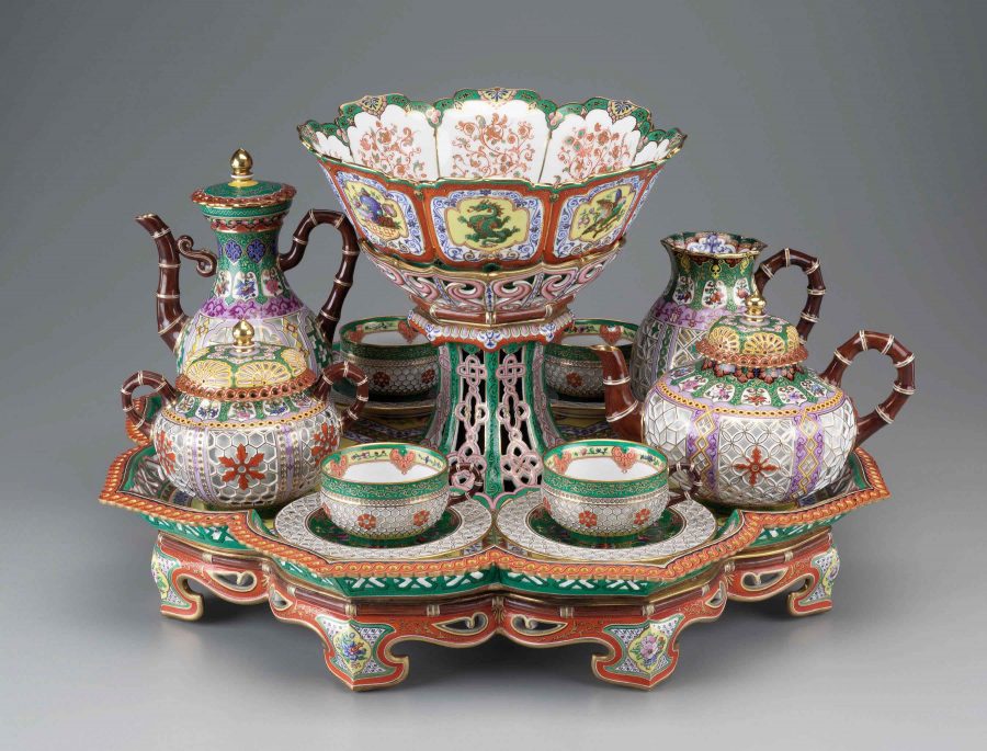 Pictured: Tea and Coffee Service, 1842–1843, Sèvres Porcelain Manufactory, designed by Hyacinthe Régnier, painted by Pierre Huard, hard paste porcelain, porcelain enamel, gold. 