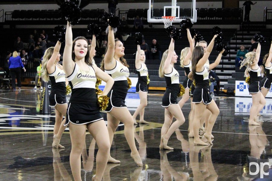 The Oakland dance team performs at halftime during a womens basketball game at the Orena.