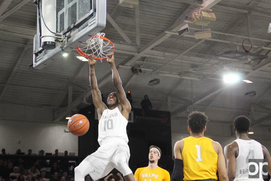 Isaiah Brock, with two dunks in a row, put the Golden Grizzlies up 78-65 with 1:50 left in the second half. 