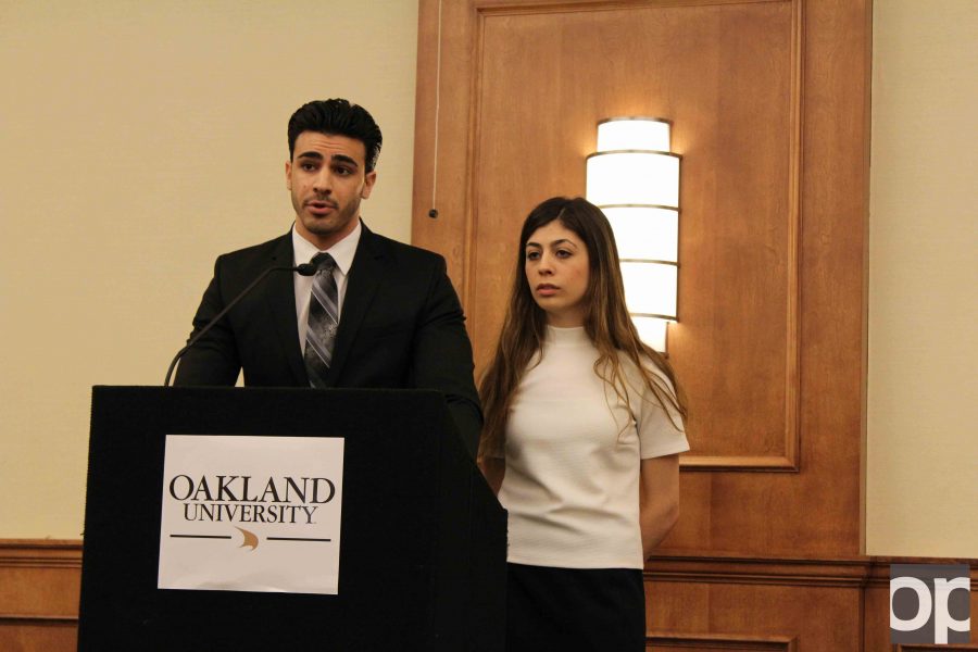 Presidential candidate Lena Mishack (right) and running mate Jousef Shkoukani discussed their platform and answered questions at the forum. 