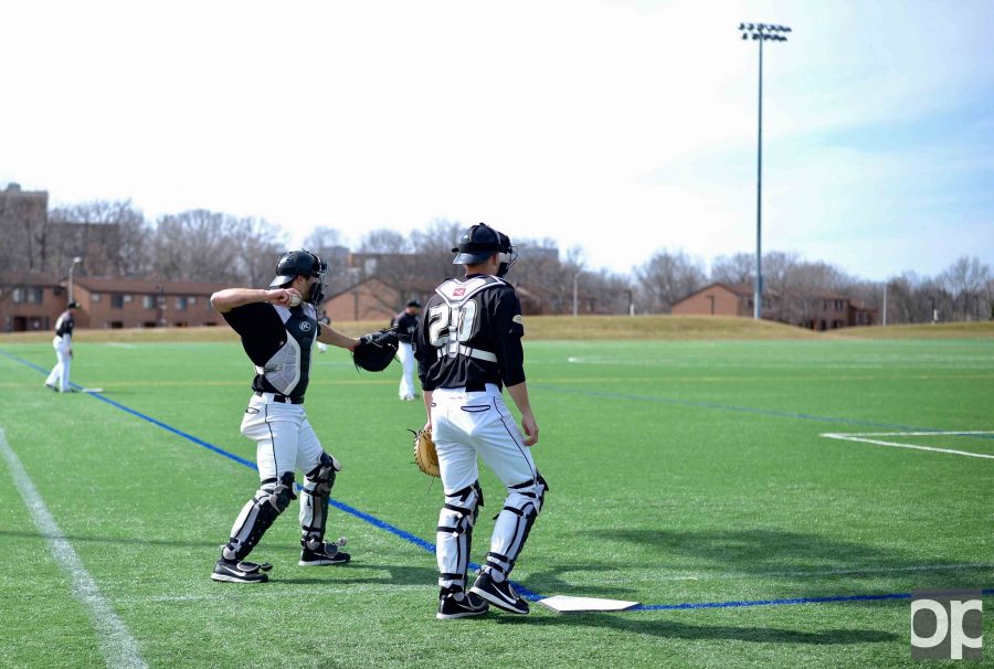 The Oakland baseball team practices in the upper fields in preparation for its Horizon League opener against Youngstown State on Friday, March 24. 