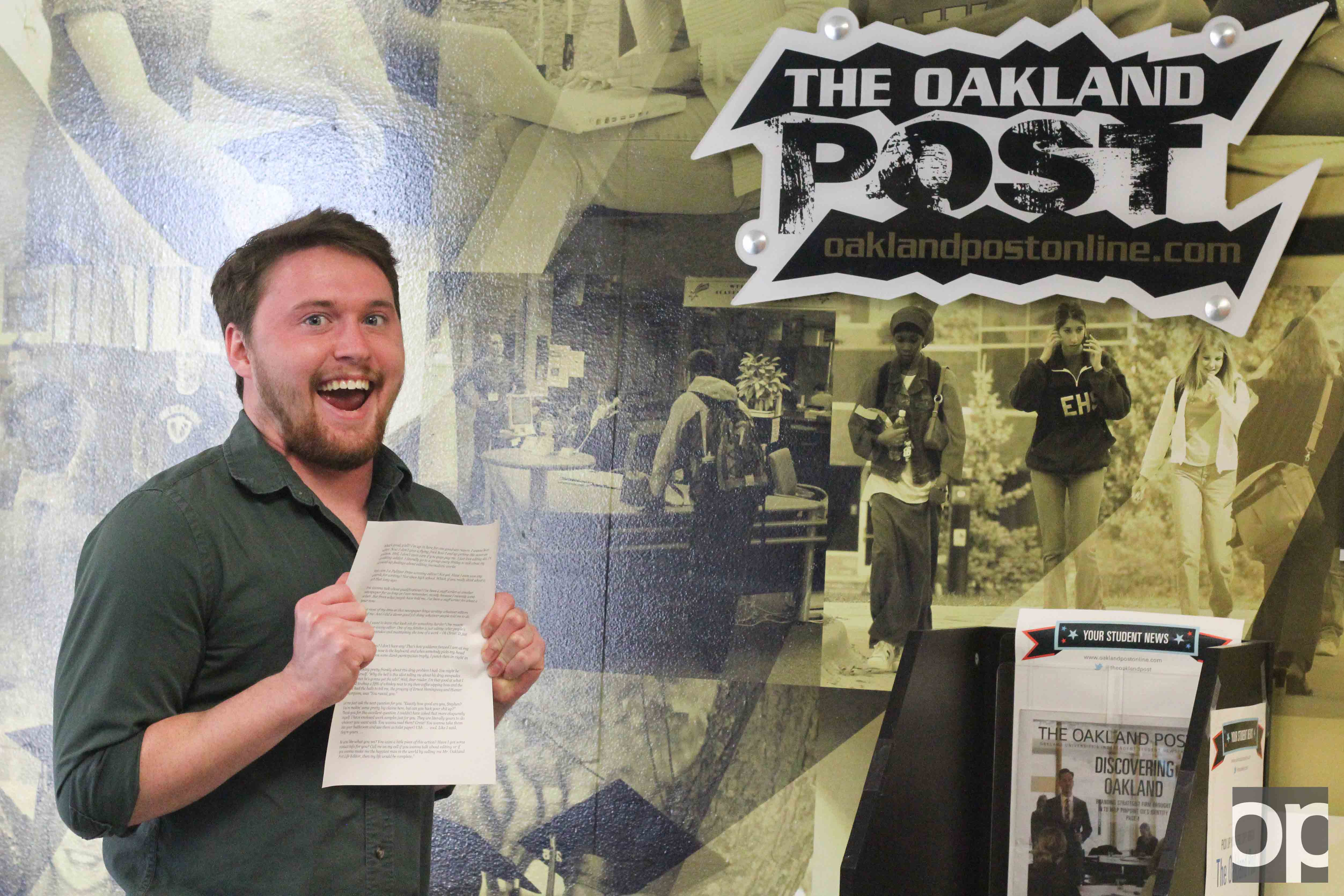 What in life editor application? Stephen Armica, an interesting guy, gets psyched to turn in his cover letter to The Oakland Post.