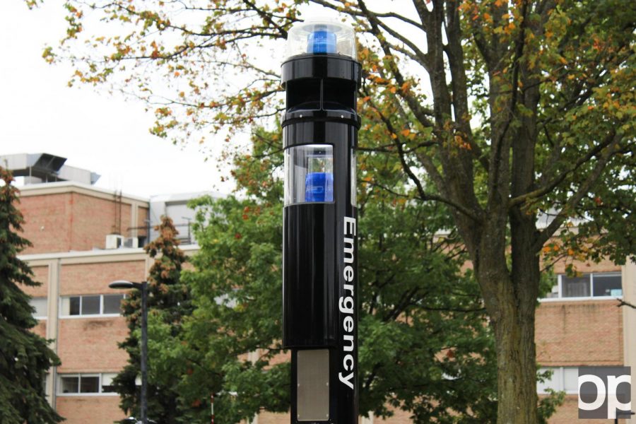 Blue light phones are scattered across campus in case of emergencies at night.