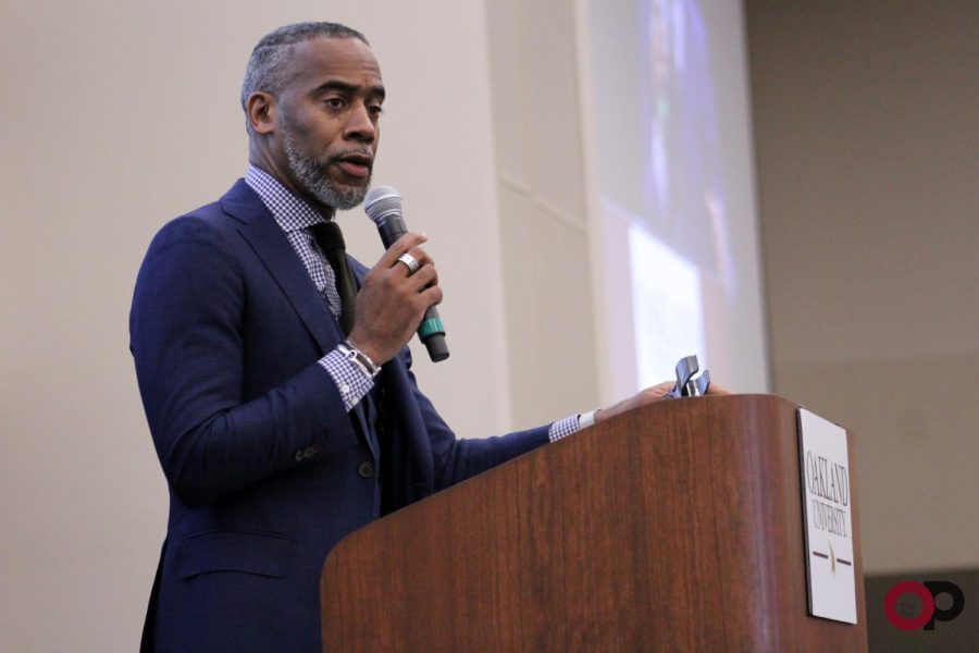 Award-winning journalist Jeff Johnson delivers the keynote address at the 27th annual Keeper of the Dream scholarship awards celebration on Jan. 21, 2019. Johnson spoke about Dr. Martin Luther King Jr.s famous speech and the differences between diversity and inclusion.