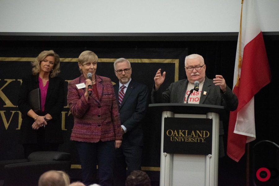 Former president of Poland Lech Wałęsa speaks at the Varner Vitality Lecture.