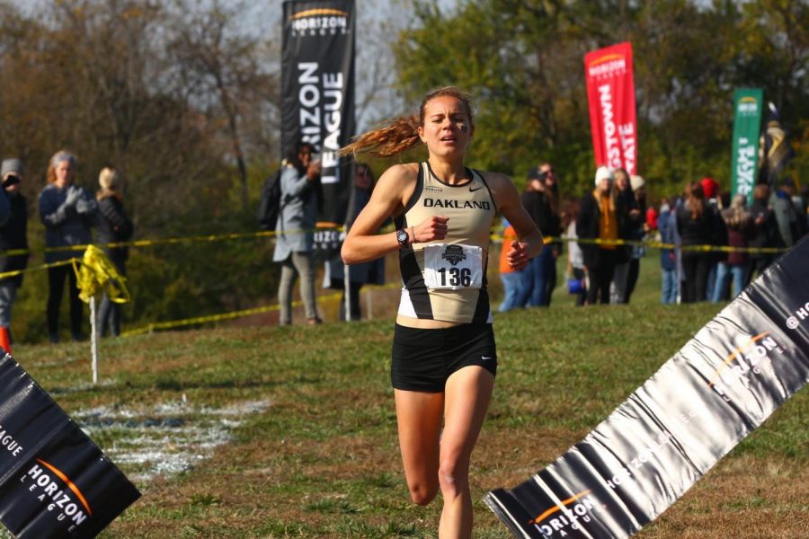 Cross-country runner Maggie Schneider is the first three-time Horizon League Champion in Oakland’s history.
