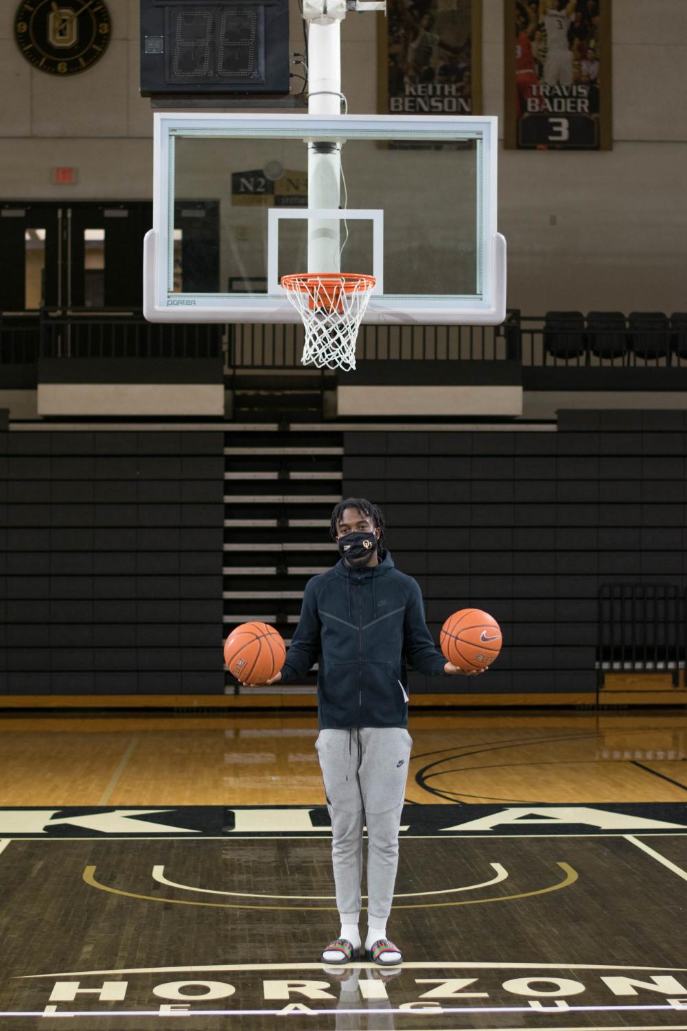 Williams, the junior guard from Detroit, posing near the free throw line in the O’Rena. Williams hit 61 3-pointers in the 15 games he played.