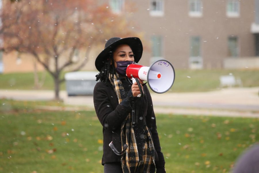 Jai Carrero gives opening statements at the Black Lives Matter March on Sunday, Nov. 1. A crowd of 20-30 students gathered around her. 