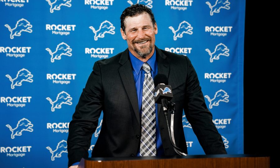 In this image provided by the Detroit Lions, Detroit Lions head coach Dan Campbell speaks during a news conference via video on his first day at the NFL football teams practice facility, Thursday, Jan. 21, 2021 in Allen Park, Mich. (Detroit Lions via AP). 