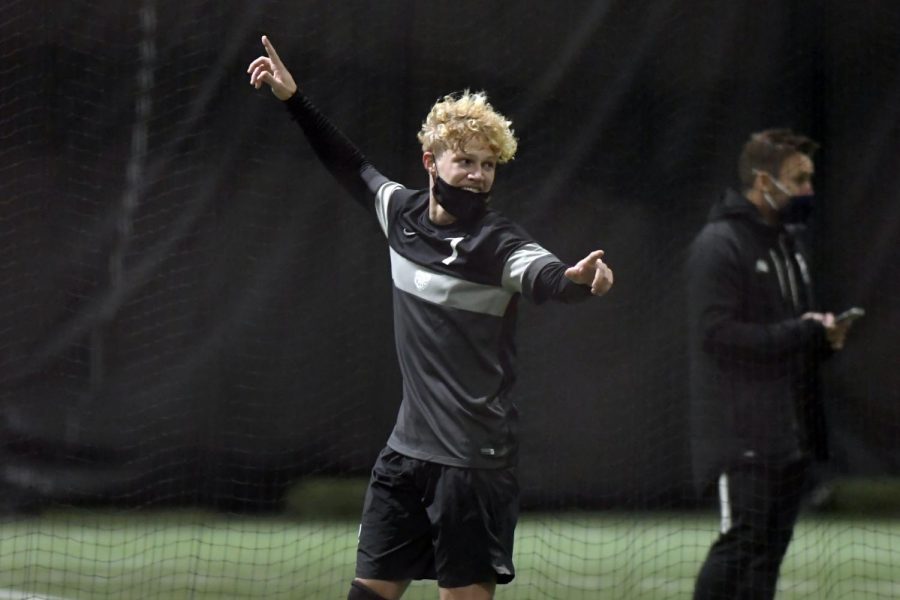 Borczak celebrating against Robert Morris in the Grizz Dome, where he scored three goals and assisted on another.