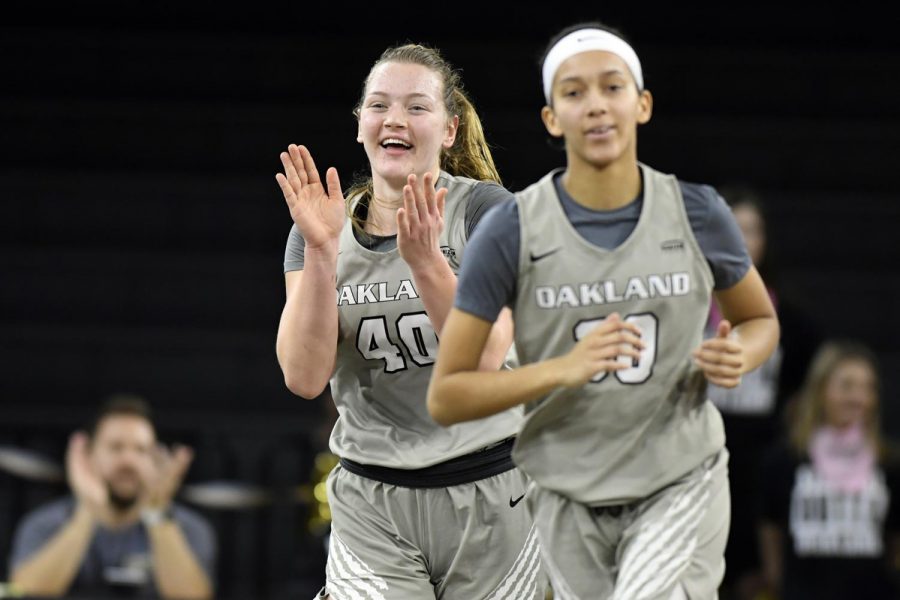 Autumn Kissman (40) celebrating on the court with her teammate, Alona Blackwell (30) during Kissmans junior season. Kissman scored the third most points on the womens basketball team in her senior season.