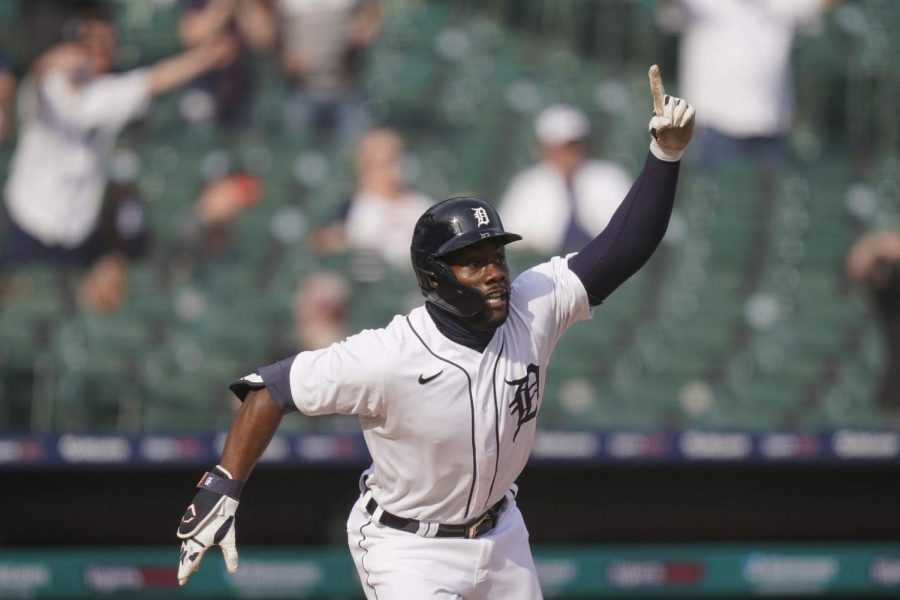 Akil Baddoo celebrates a home run. Baddoo is an exciting young prospect the Tigers nabbed from the Twins.