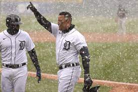 Miguel Cabrera extends a hand to the fans after hitting his iconic snow home run on opening day.