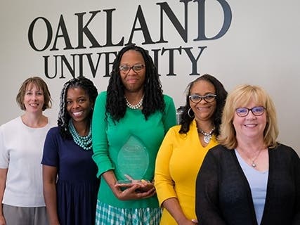 Diversity Advocate program leaders Joanne Lipson Freed, Cynthia Miree-Coppin, Joi Cunningham, Deirdre Pitts and Michelle Piskulich accepted the 2021 CUPA-HR Inclusion Cultivates Excellence Award during a virtual ceremony. (Not pictured: Jason Wasserman, Britt Rios-Ellis)