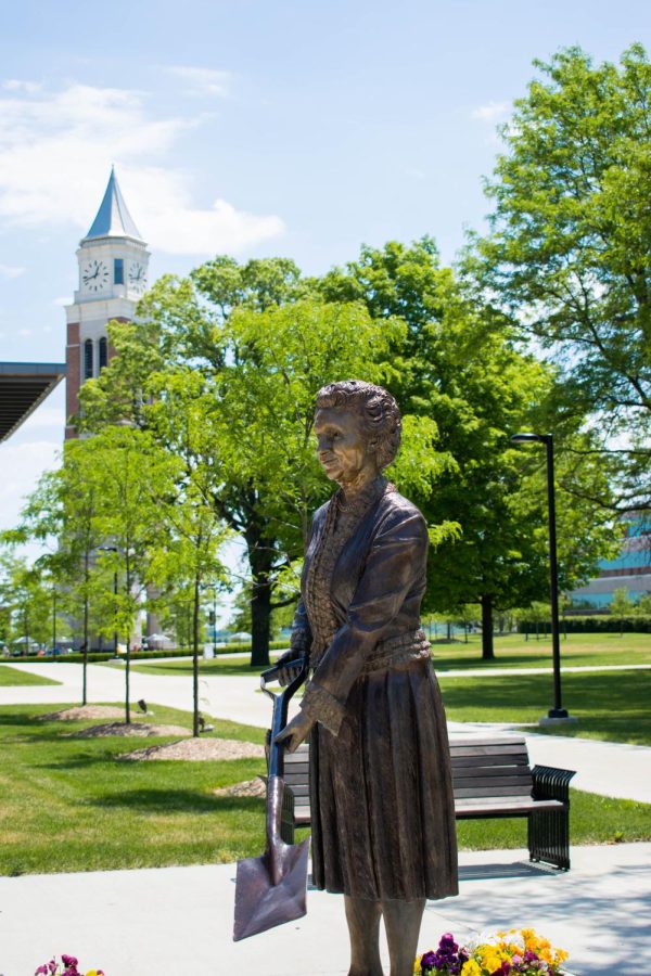 OU Founder Matilda Dodge Wilsons statue outside of the Oakland Center where last weeks BOT meeting was held. With relations between faculty and admins sure to play a role in OUs future, will admins respond to facultys request for a BOT liaison?