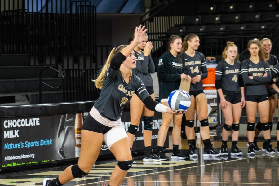 Haley Brown gets ready to serve against Green Bay on Oct. 10.