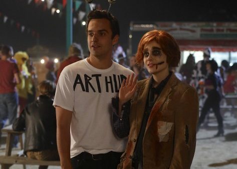 Jake Johnson and Zooey Deschanel as Nick Miller and Jess Day in New Girl episode Halloween (2012)