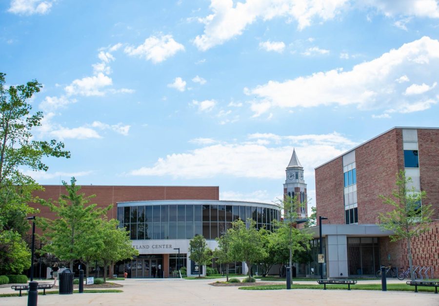 The Oakland Center and South Foundation Hall with Elliott Tower in the distant background. The campus community members inhabiting these spaces will be impacted by current turnover happening in upper levels of the administration.