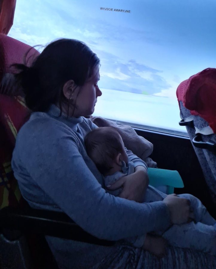 Shchubelka and her six-month-old baby on the bus to Prague