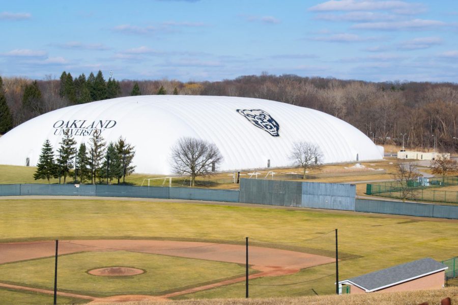The recently-reinflated Grizz Dome athletics facility. Repairs to the exterior of the dome are nearly complete. Interior structural damage is still be assessed.
