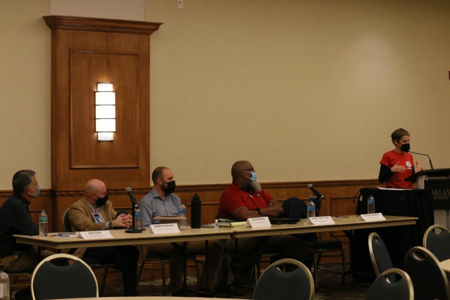 Danielle Aubert speaks during the panel discussion at the Labor United event. 