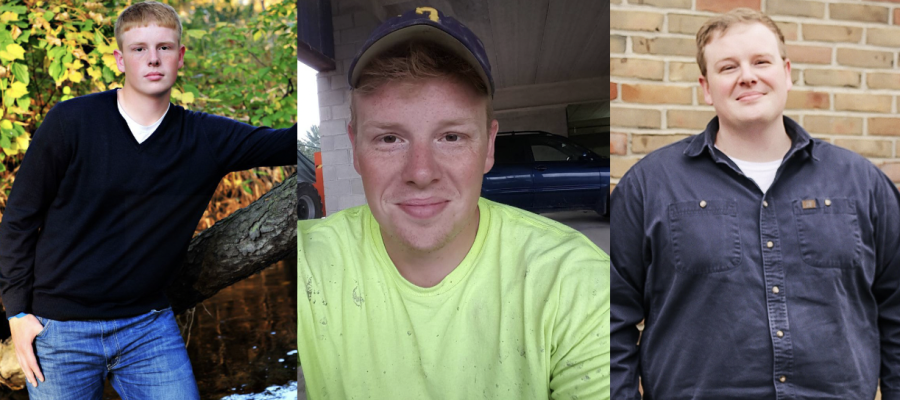 Jeff Thomas throughout the years. (Left to right) Thomas in 2011, posing very naturally for his senior pictures. Thomas in 2016 sitting on break at a commercial job site. Thomas in 2022 standing outside of ODowd Hall (photo by Sophie Hume).
