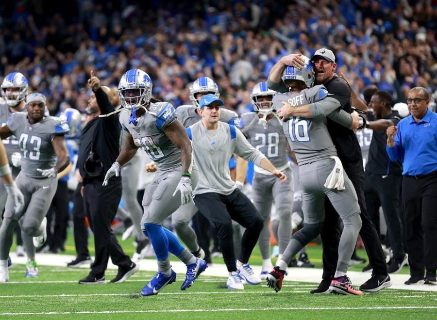 The Lions celebrate their first win of the 2021 season against the Minnesota Vikings on Dec. 5, 2021. Photo via Forbes.
