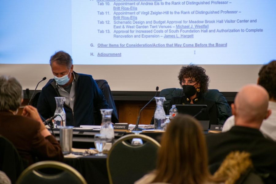President Pescovitz and BOT Chair Robert Schostak during February’s Board of Trustees meeting. At yesterdays meeting, a new $25 million in spending was approved to acquire an off-campus learning facility.