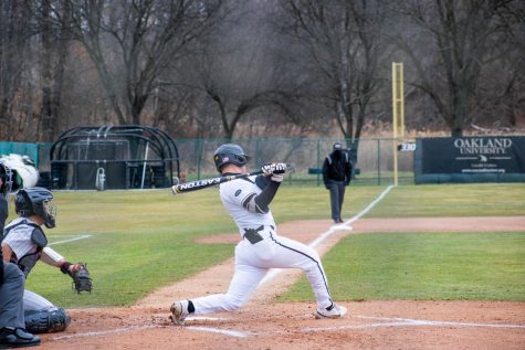 Gabe Lux follows through on his swing in an at-bat against Youngstown State last weekend.