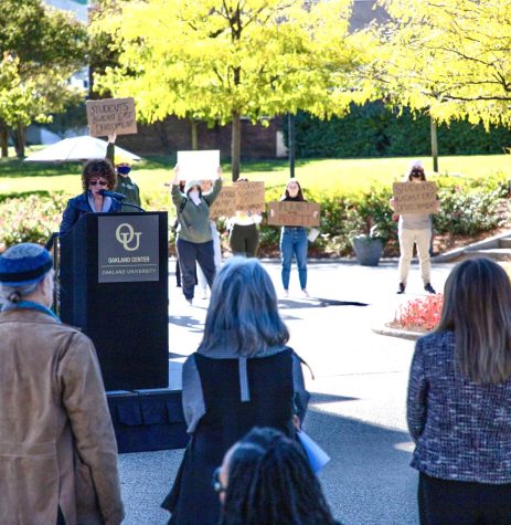 Student demonstrators protested the East Campus Development project during a speech on sustainability from Pescovitz on Oct. 4.