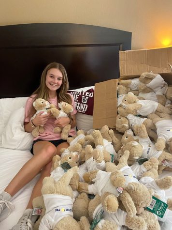 Ella Klimowicz poses with the stuffed wildcats she gifted to the students and staff of Robb Elementary in Uvalde, Texas on behalf of the Oxford community. 